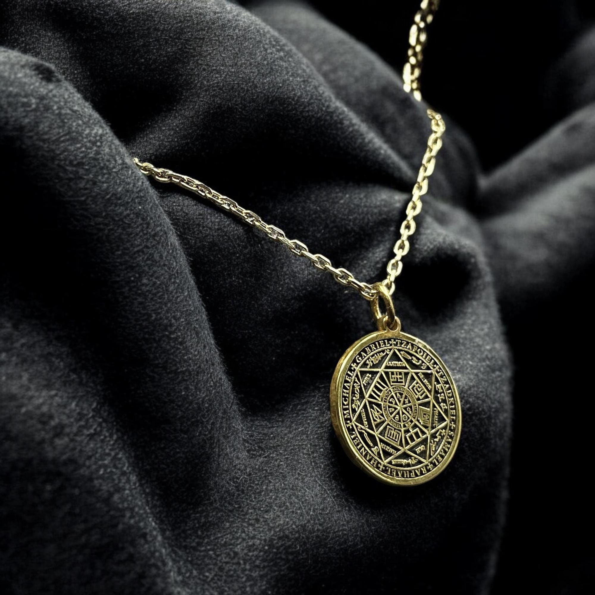 Collana dei sette arcangeli in oro 14k, ciondolo Gabriele Guardiano in argento, gioiello talismano, ciondolo Sigillo dei sette, catena di Salomone, re