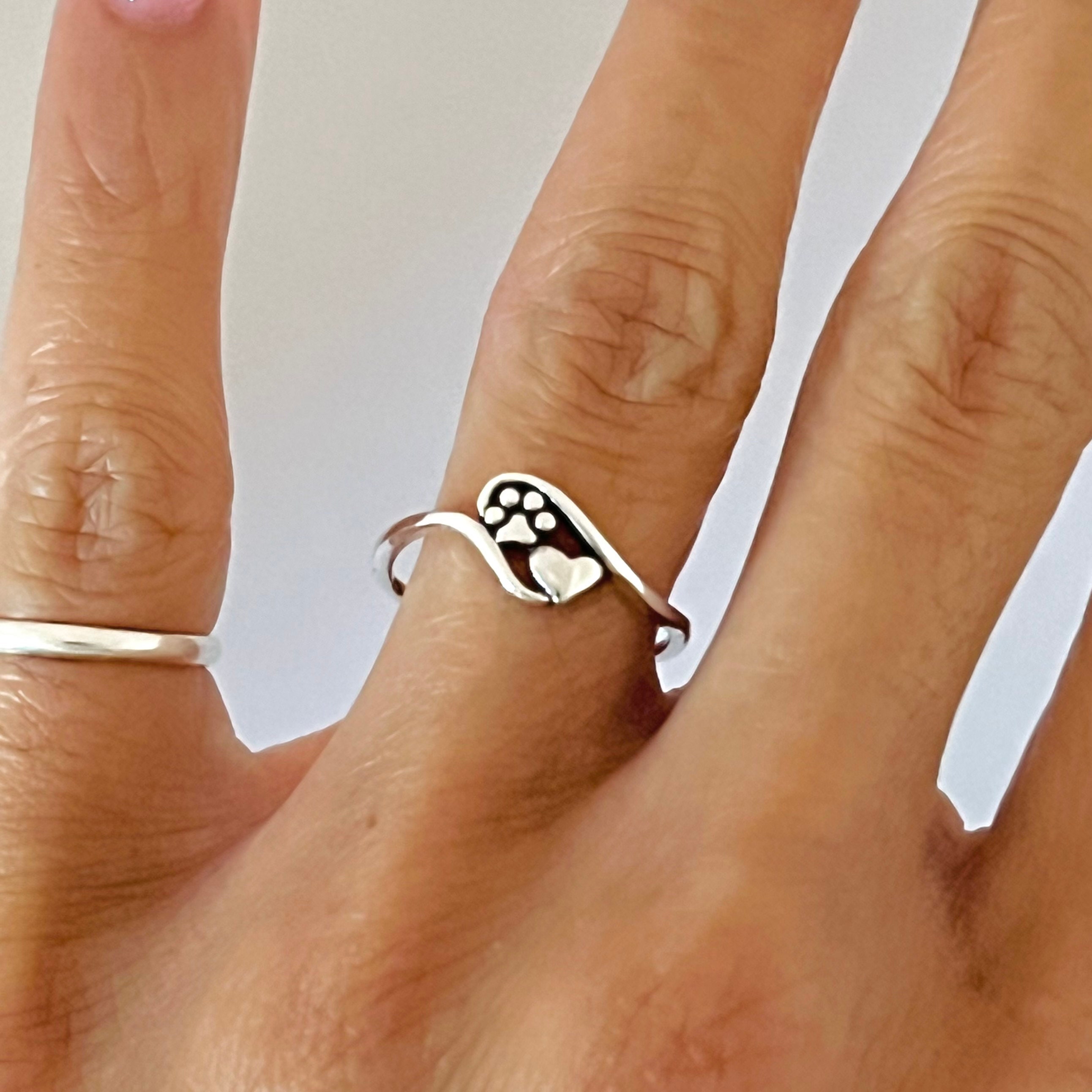Anello piccolo a forma di cuore e zampa in argento sterling, anello a forma di zampa in argento, anello a forma di cuore in argento, anello a forma di