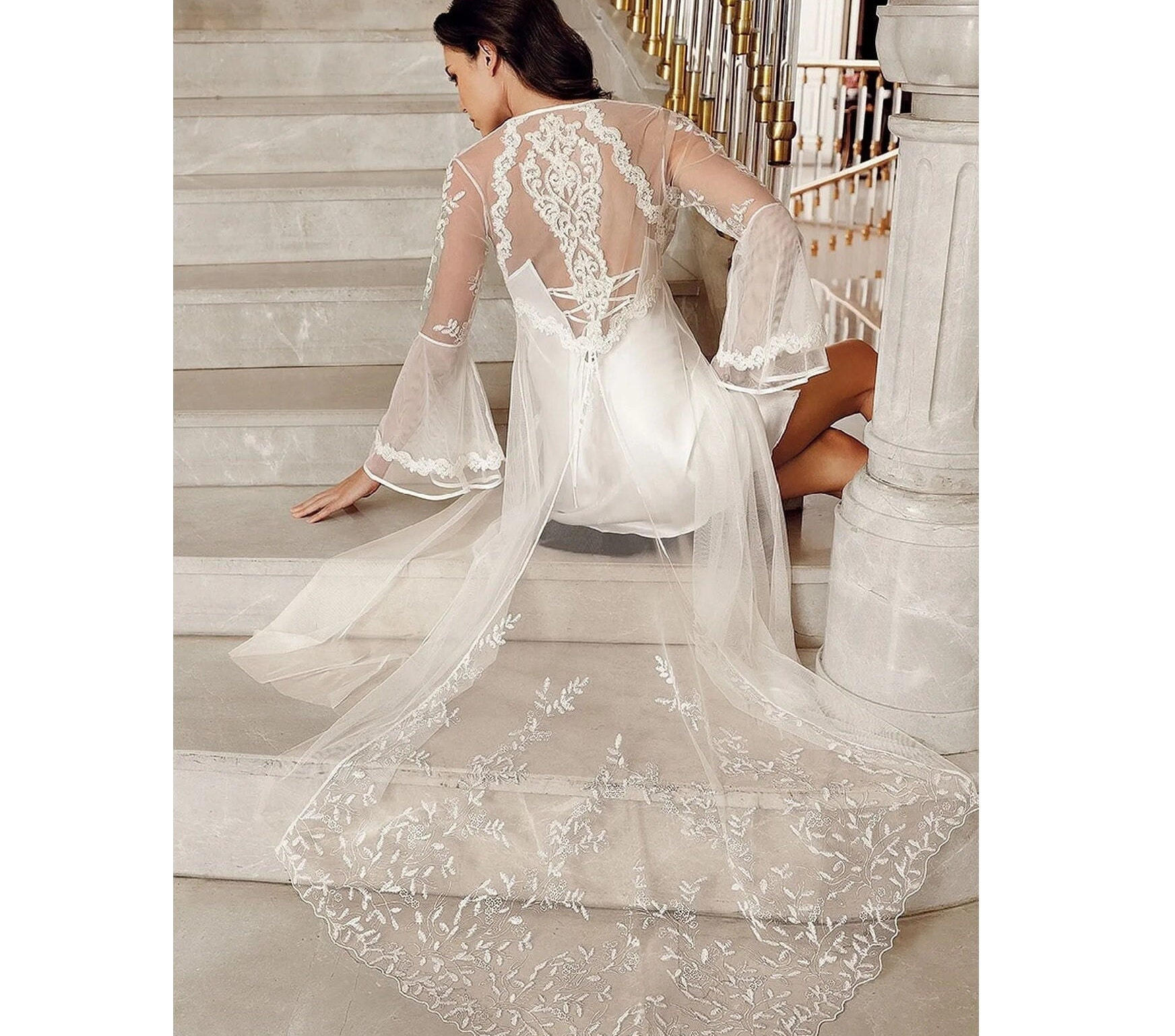 Completo da notte da sposa in pizzo e raso écru, completo intimo, completo da sposa con vestaglia, camicia da notte da sposa, completo intimo per luna