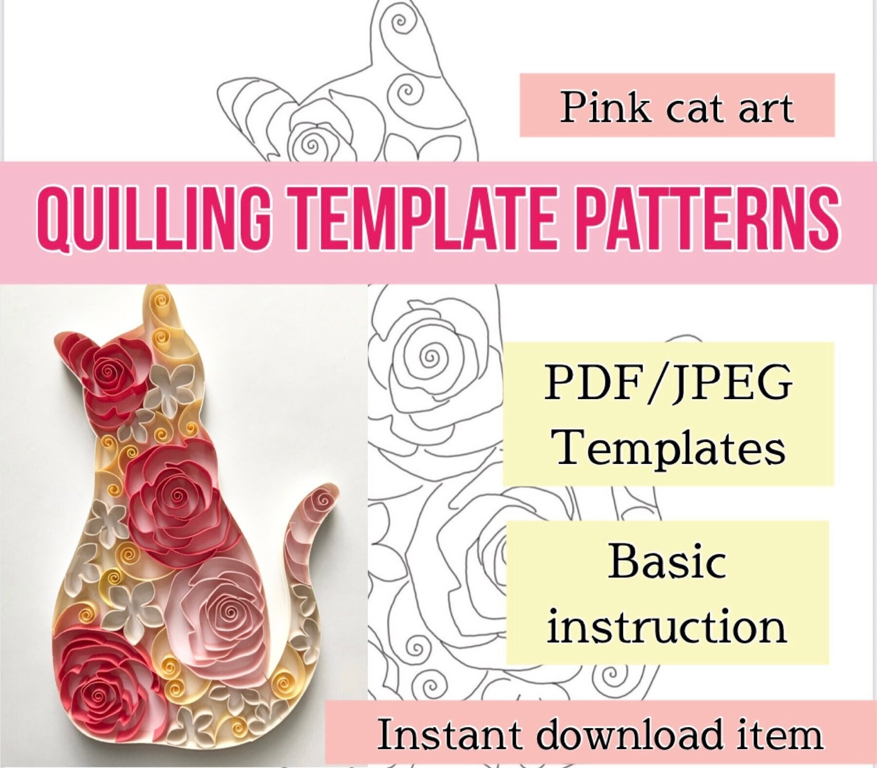 Modello per quilling a forma di gatto, modelli per quilling, modelli per quilling, fiori per quilling, gatto per quilling, download immediato, arte qu