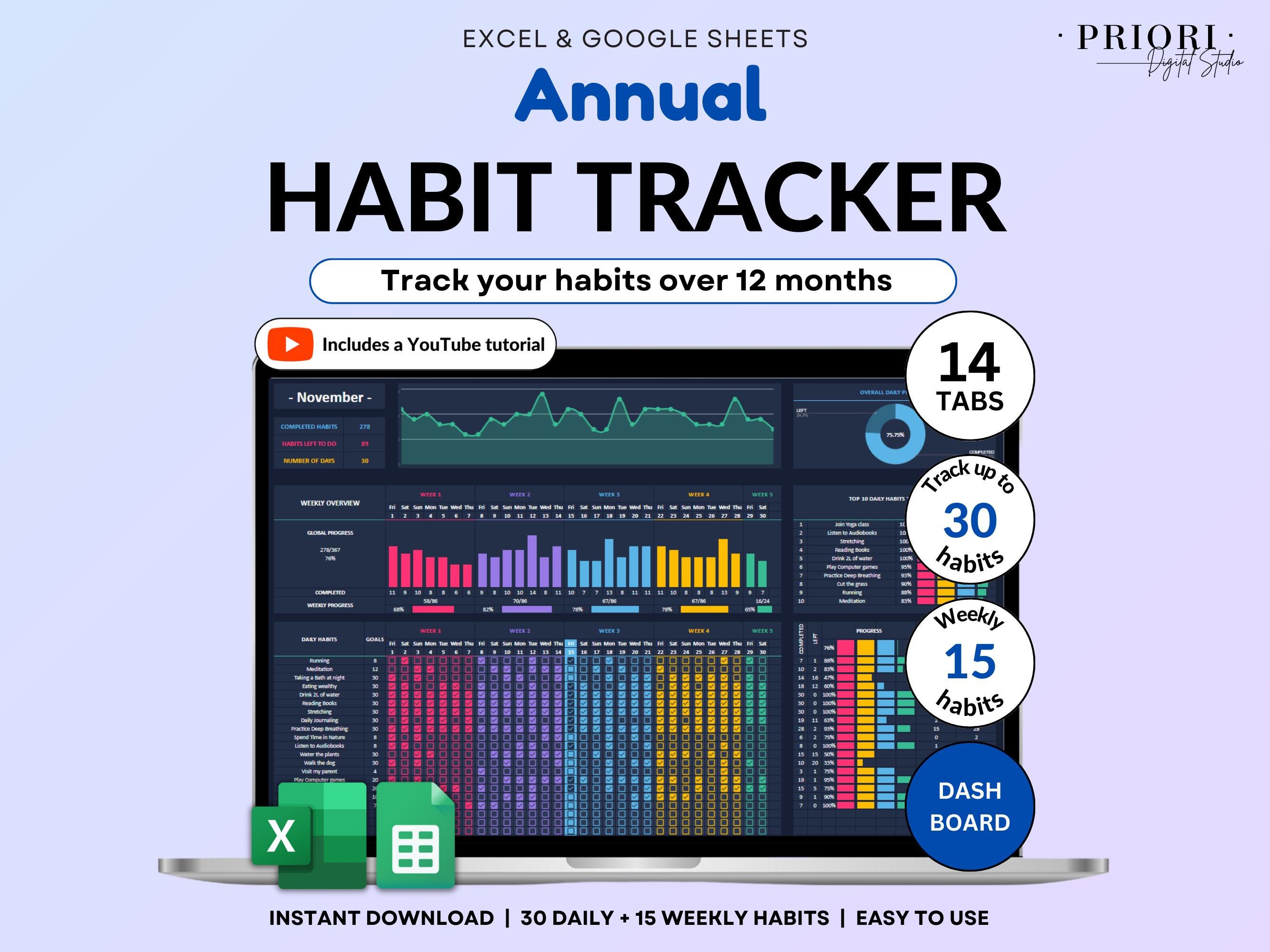 Foglio di calcolo per il monitoraggio delle abitudini annuali Fogli Google Excel Planner giornaliero delle abitudini Planner settimanale per l'ADHD Pl