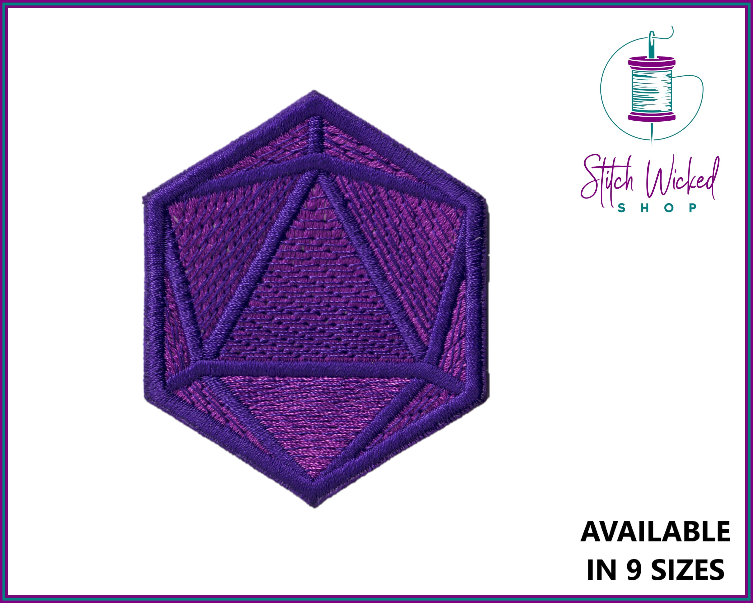 Viola D20 Patch, Patch per giocatori ricamati, Patch ricamata, Gem Patch, Jewel Patch, Iron On Patch o Sew on Patch, Disponibile in 9 dimensioni