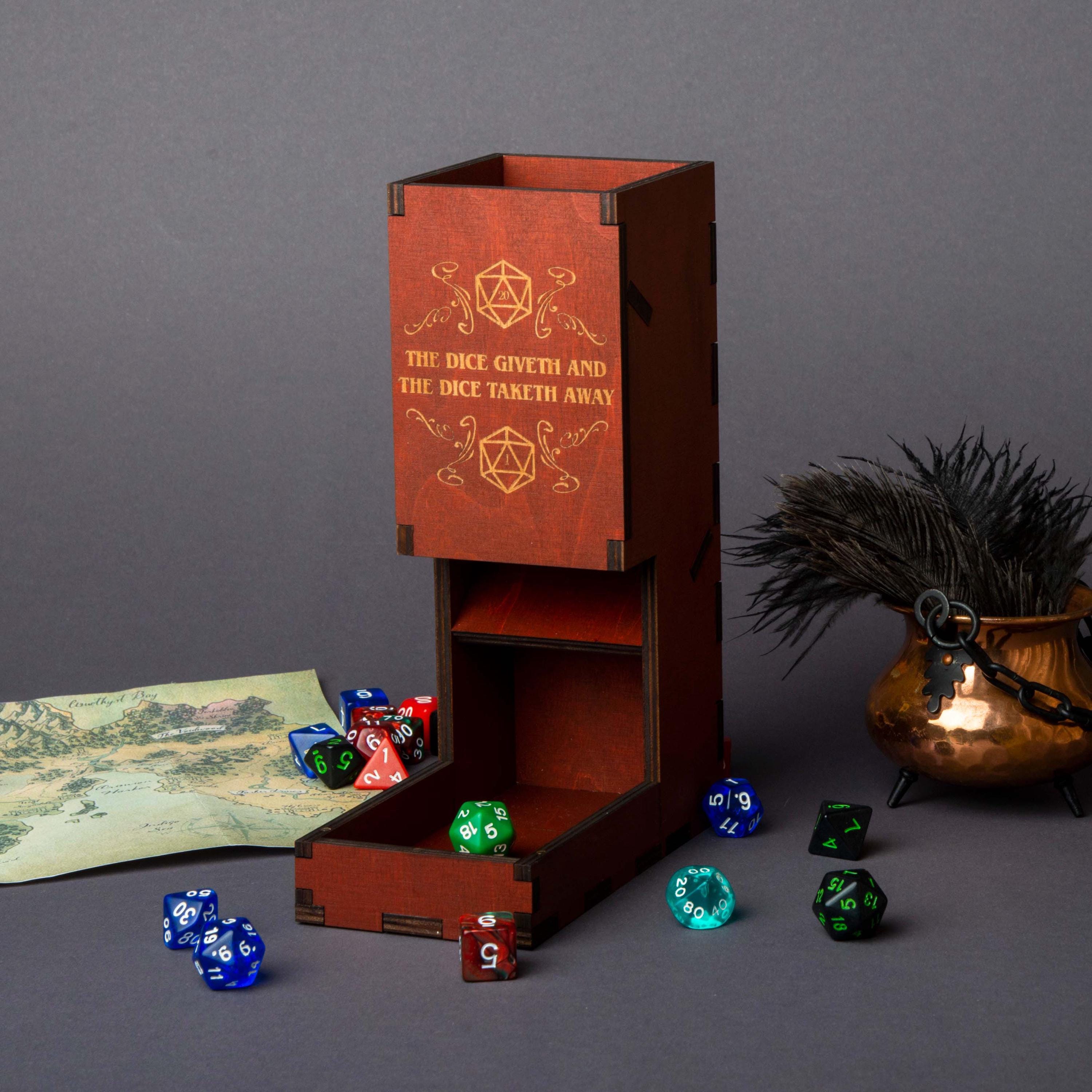 Torre per dadi D&D con vassoio per dadi in legno, torre e vassoio in legno incisi personalizzati, torre per dadi magnetica, regalo D&D, torre per dadi