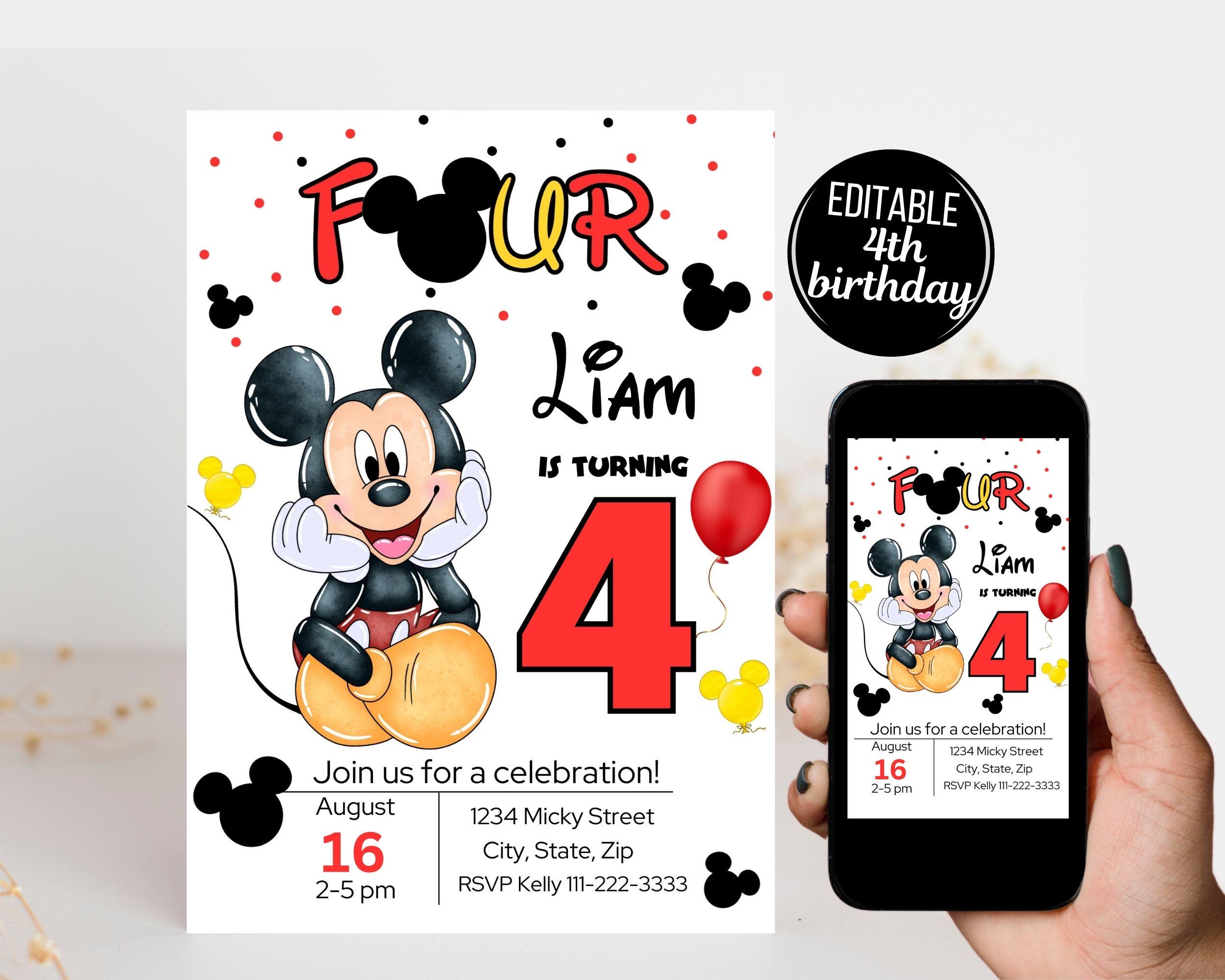 Invito di compleanno modificabile di Topolino, Invito stampabile Topolino, Invito Micky del 4o compleanno, Invito compleanno ragazzo 4o, Topolino