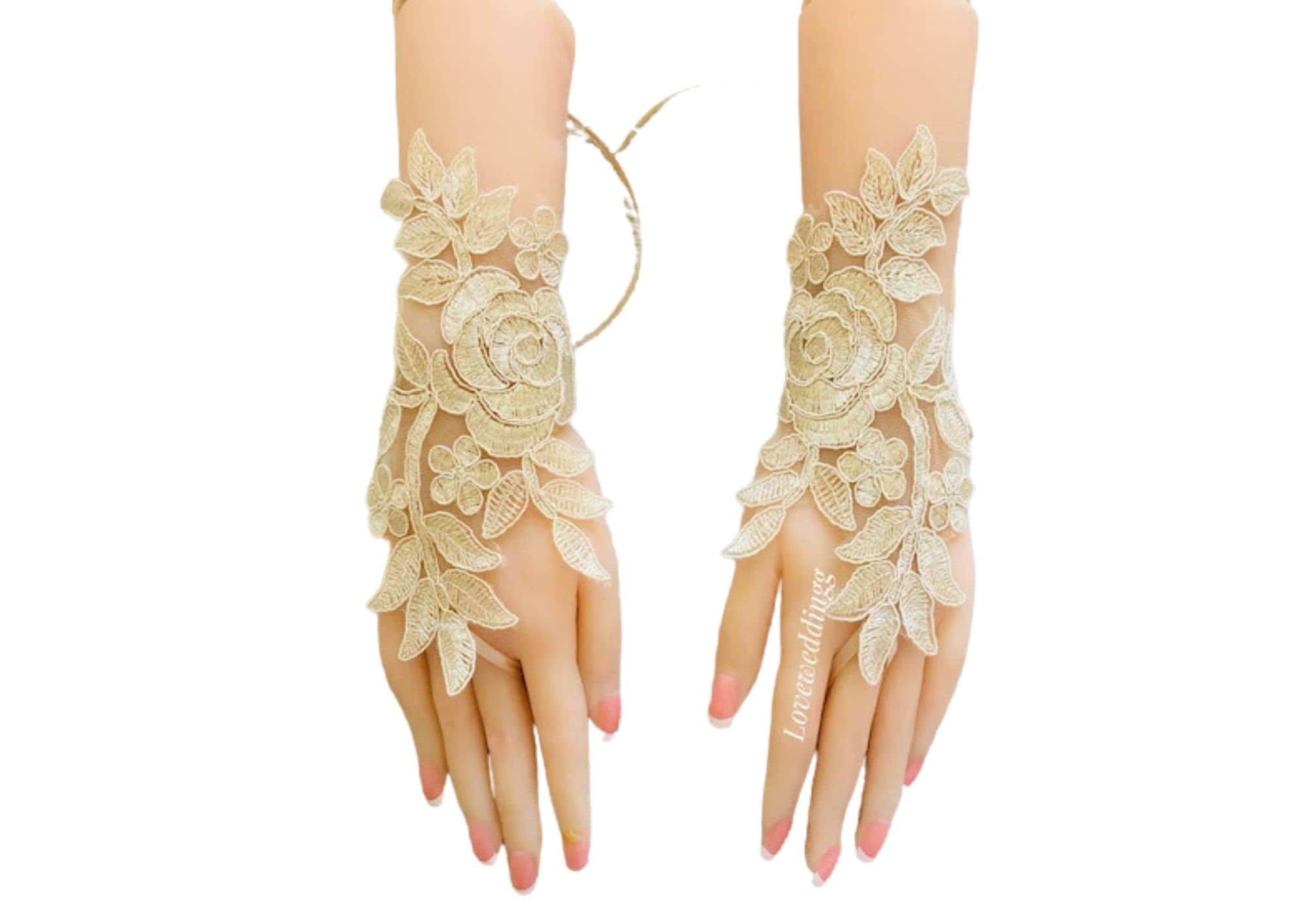 guanti senza dita dorati, guanti da sposa, guanti in pizzo, guanti da damigella d'onore, guanti da sposa, accessorio da matrimonio, guanti da ballo, r