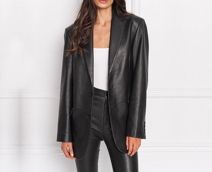 Blazer in pelle da donna fatto a mano, blazer in pelle oversize da donna, blazer in pelle nera, blazer lungo in pelle da donna, blazer formale in pell