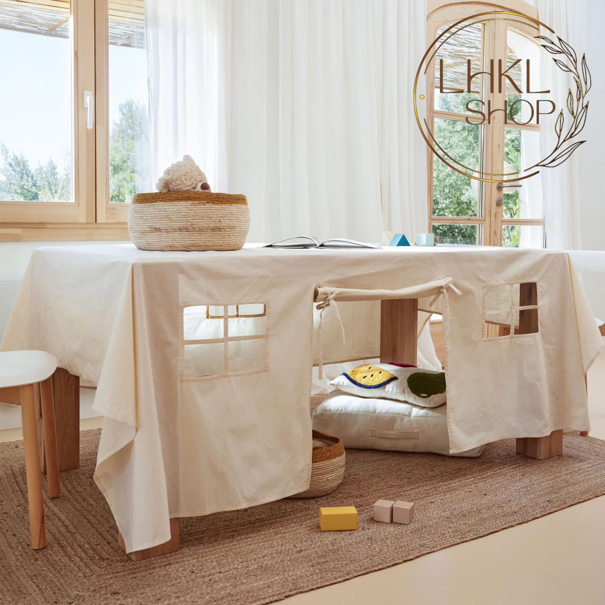 Tovaglia di lino per casetta da gioco, tenda da gioco, casetta da gioco per esterni, giocattoli Waldorf, casetta da tavolo, casetta da gioco con tavol