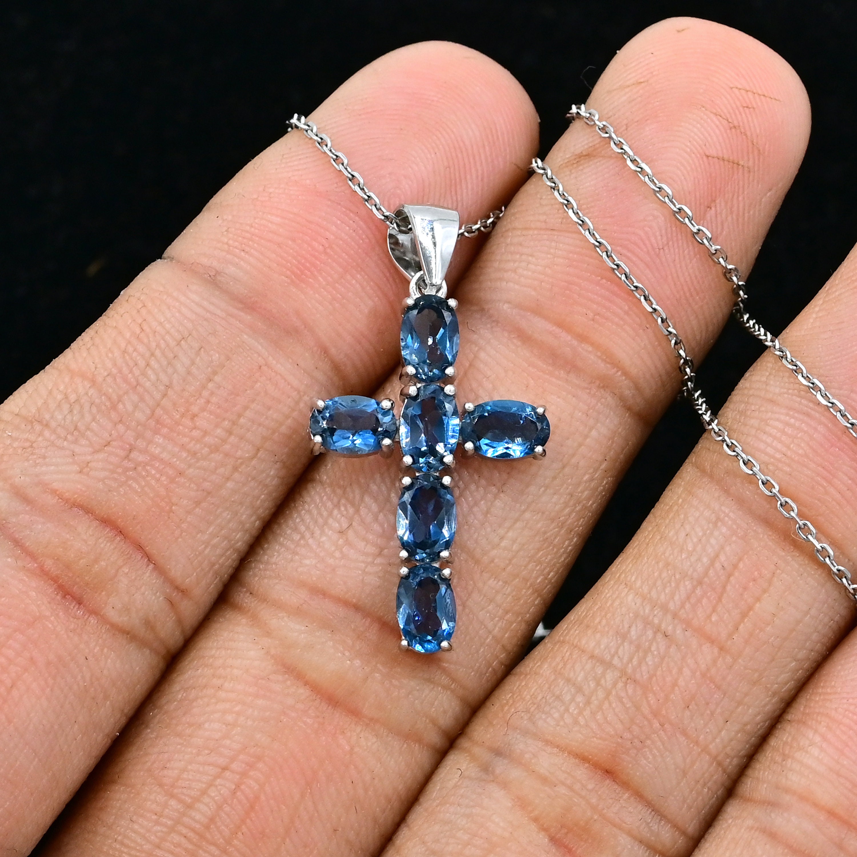 Topazio blu naturale di Londra Croce Santa, ciondolo in argento sterling 925, ciondolo con ciondolo, collana con ciondolo a croce, pietra portafortuna