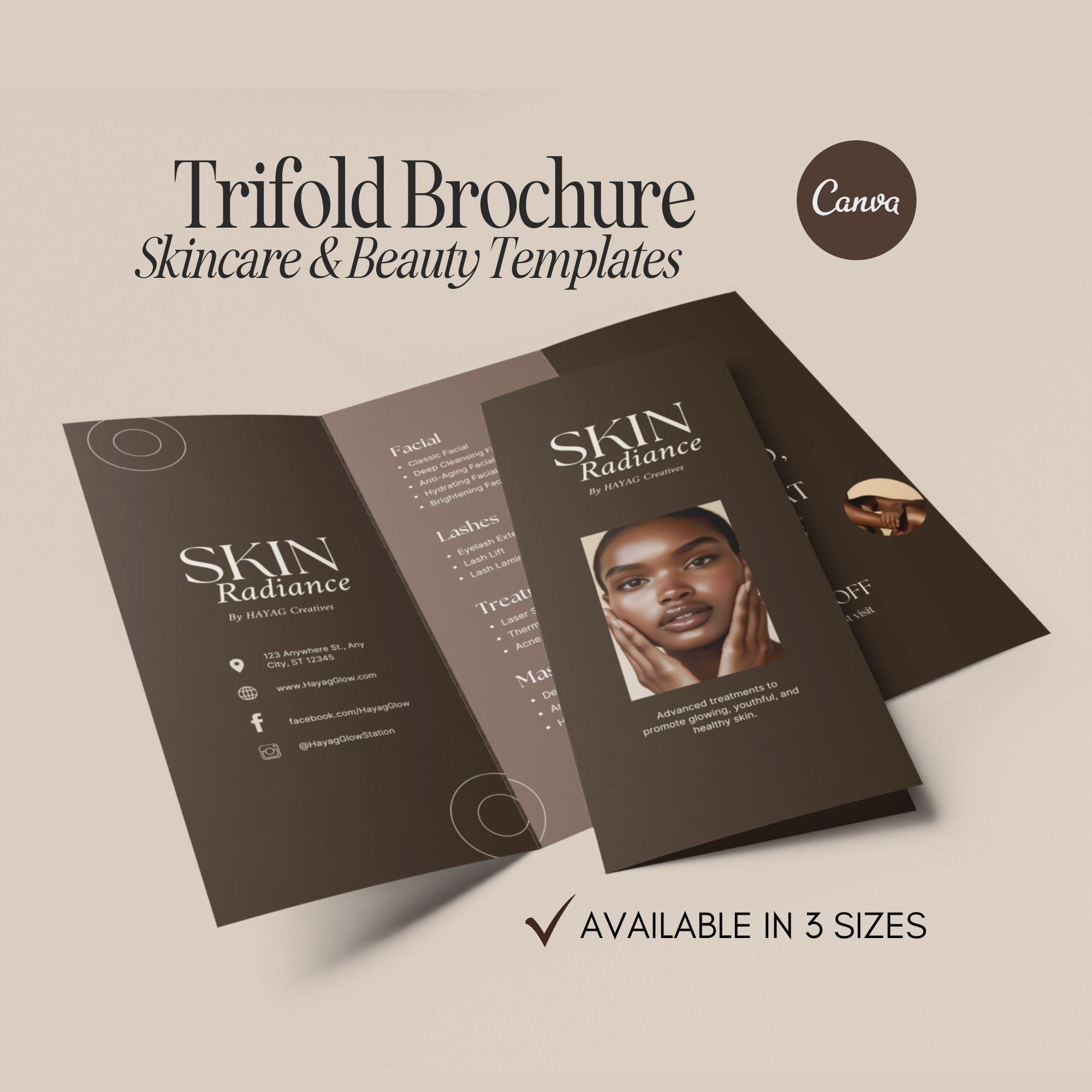 Brochure a tre ante per la cura della pelle e della bellezza, modello di brochure a tre ante per estetista, modello di menu listino prezzi, brochure p