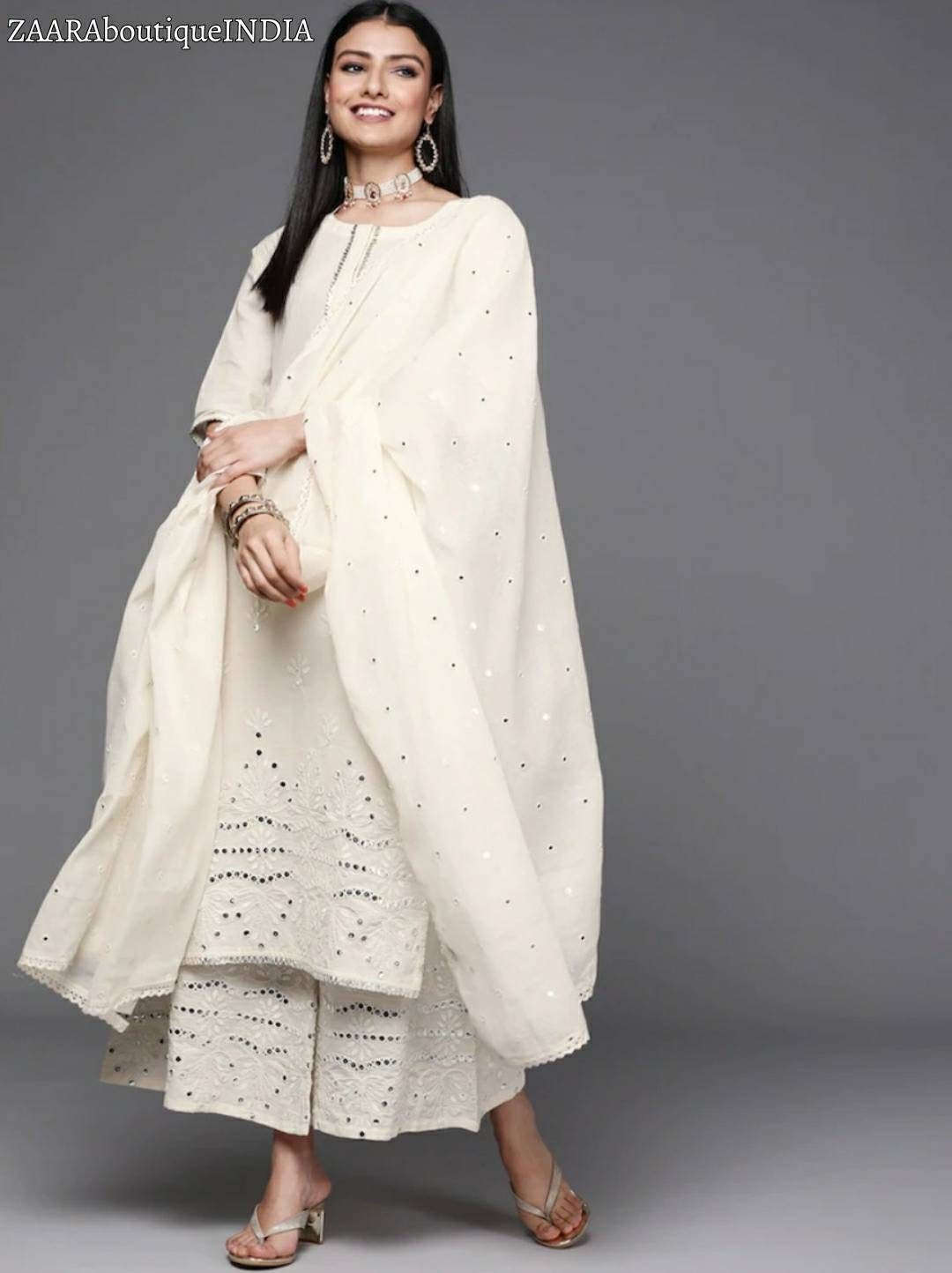 Set Kurta in cotone per donna - Kurta ricamato in oro bianco sporco con palazzo e dupatta - Abito da festa indiano - Kurta con pantaloni da donna