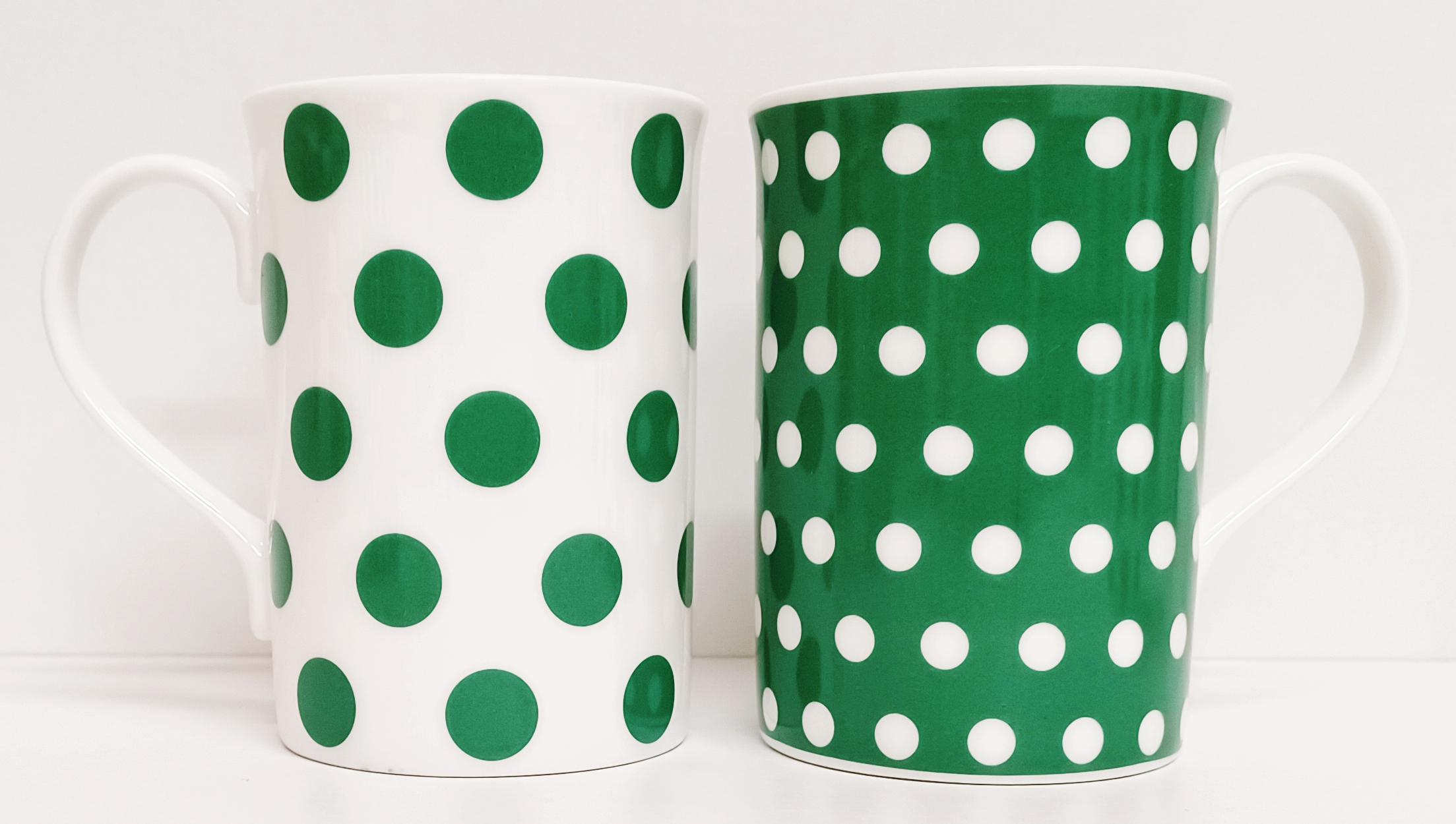 Set di 2 tazze Green Dots & Spots in fine bone china da 300 ml, tazze Windsor Spotty decorate a mano nel Regno Unito
