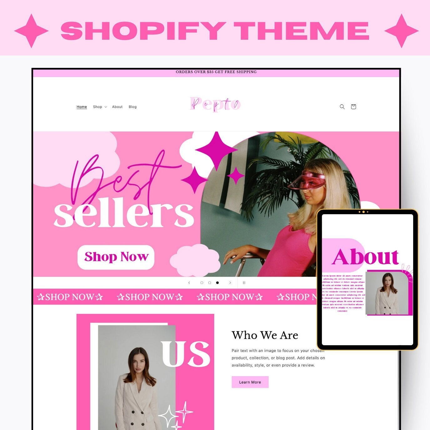 Tema Shopify rosa, modello Shopify, temi Shopify minimalisti, tema e-commerce Shopify, Shopify minimalista, banner Canva, Shopify boutique