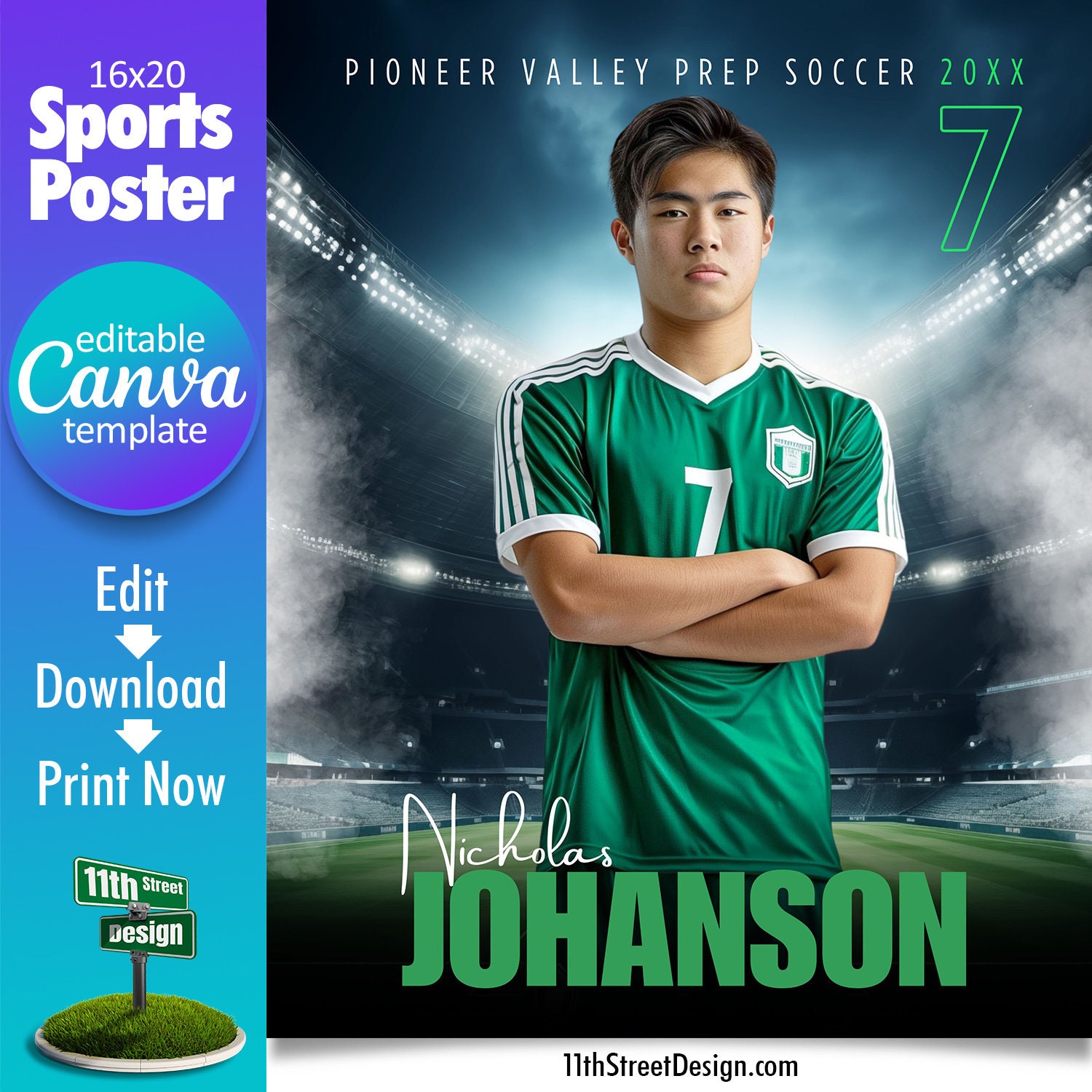 Modello di poster di calcio Canva, progetta i tuoi poster sportivi personalizzati per la squadra di calcio senior in Canva, sfondo di calcio, luci del