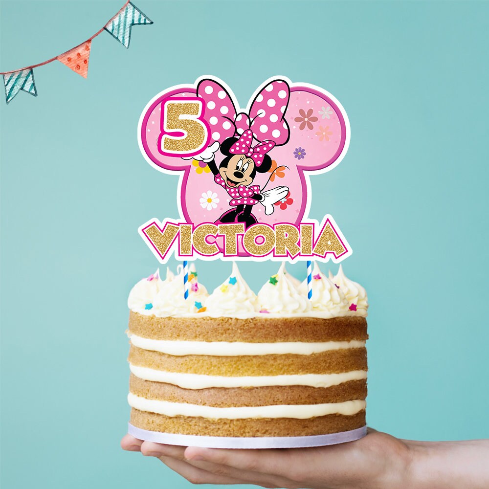 Topper per torta rosa personalizzato di Minnie Mouse, simpatico topper per torta di compleanno con bambina, topper per torta per bambina in formato JP