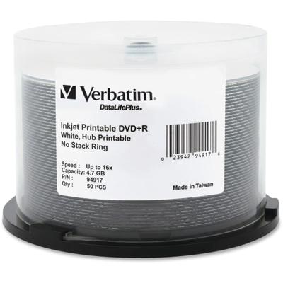 Verbatim Inkjet Printable Dvd R Discs, 4.7Gb, 16X, Spindle, White, 50/pack