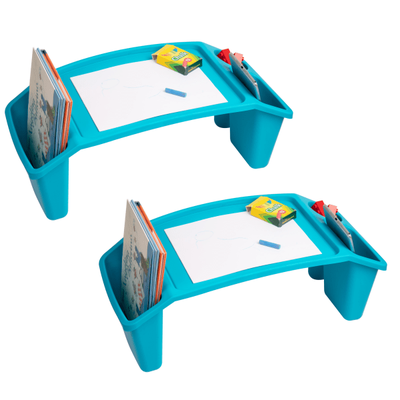 Mind Reader Kids Lap Desk Activity Tray Portable Drawing Lap Desk With Side Storage, 8-1/2"h X 10-3/4"w X 22-1/4"d, Blue, Set Of 2
