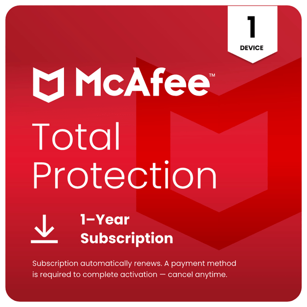 Mcafee Total Protection Antivirus & Internet Security Software, 1 Device, 1-Year With Auto-Renewal, Digital Download
