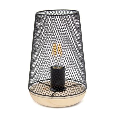 Simple Designs Wired Mesh Uplight Table Lamp, 9"h, Black Shade/natural Wood Base