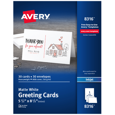 Avery Printable Greeting Cards With Envelopes, Half-Fold, 5.5" X 8.5", Matte White, 30 Blank Greeting Cards