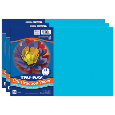 Pacon Tru-Ray Construction Paper, 12" X 18", Atomic Blue, 50 Sheets Per Pack, Set Of 3 Packs