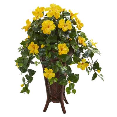 Nearly Natural Hibiscus Artificial Plant With Stand Planter, 34"h X 23"w X 23"d, Brown/yellow