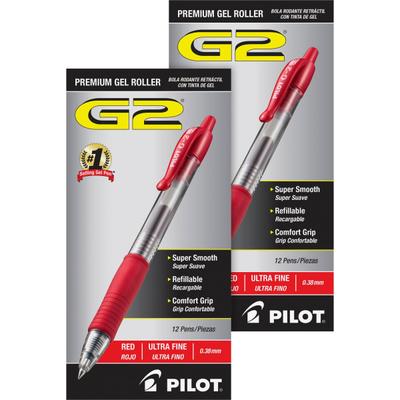 Pilot G2 Premium Gel Roller Retractable Pens - Ultra Fine Pen Point - 0.38 Mm Pen Point Size - Refillable - Retractable - Red Gel-Based Ink