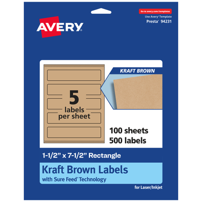 Avery Kraft Permanent Labels With Sure Feed 94231-Kmp100, Rectangle, 1-1/2