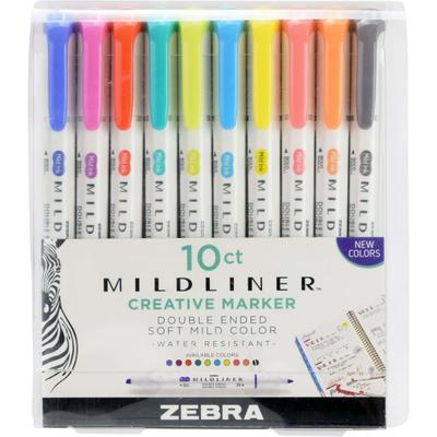 Zebra Pen Mildliner Double-Ended Assorted Highlighter Set 10Pk - Fine Marker Point - Chisel, Bullet Marker Point Style - Assorted - White Barrel