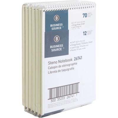 Business Source Wirebound Steno Notebook - 70 Sheets - Wire Bound - 15 lb Basis Weight - 6" X 9" - Green Paper - 12 / Pack