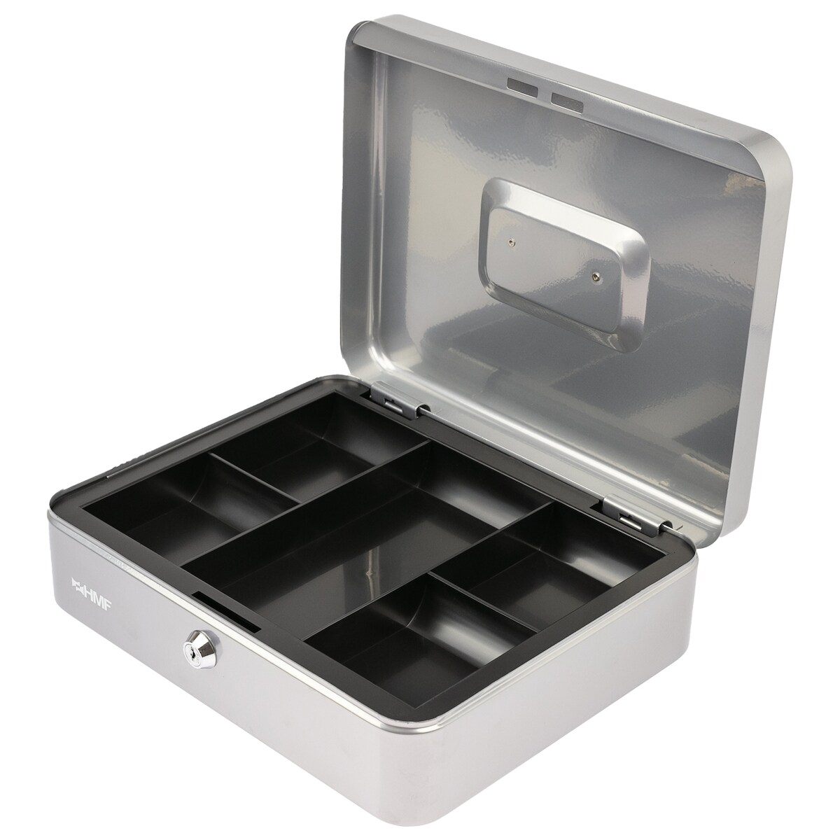 HMF Geldkassette abschließbar, Kasse mit Münzeinsatz, 5 Münzfächer, 30 x 24 x 9 cm, Silber Image