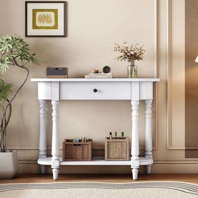 Retro Narrow Console Table with Curved Corner,Top Drawer and Open Shelf