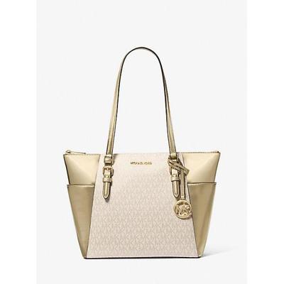 Charlotte Large Signature Logo And Metallic Top-Zip Tote Bag - Natural - Michael Kors Totes