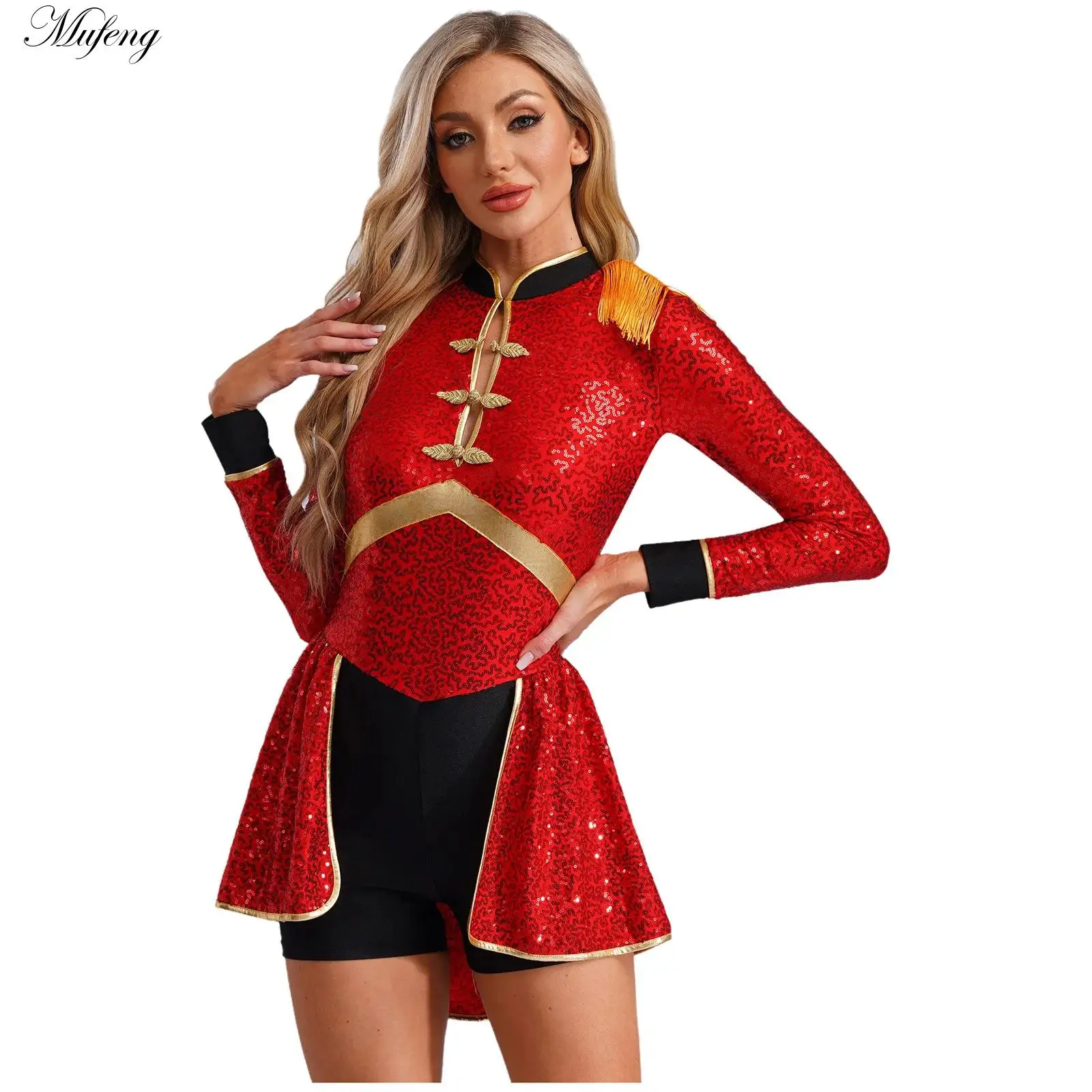 Zirkusdirektor-Kostüm für Damen, Halloween, Karneval, Mottoparty, Rollenspiel, magischer Overall, langärmeliger Schlagzeuger-Body mit Fransen Image