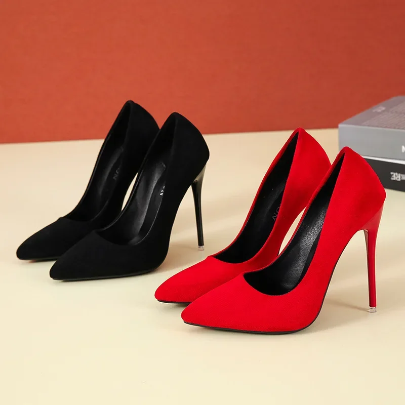 Big Size 35-45 women's shoes 2024 concise flock high heels women pumps pointed toe classic red gray ladies wedding shoes office