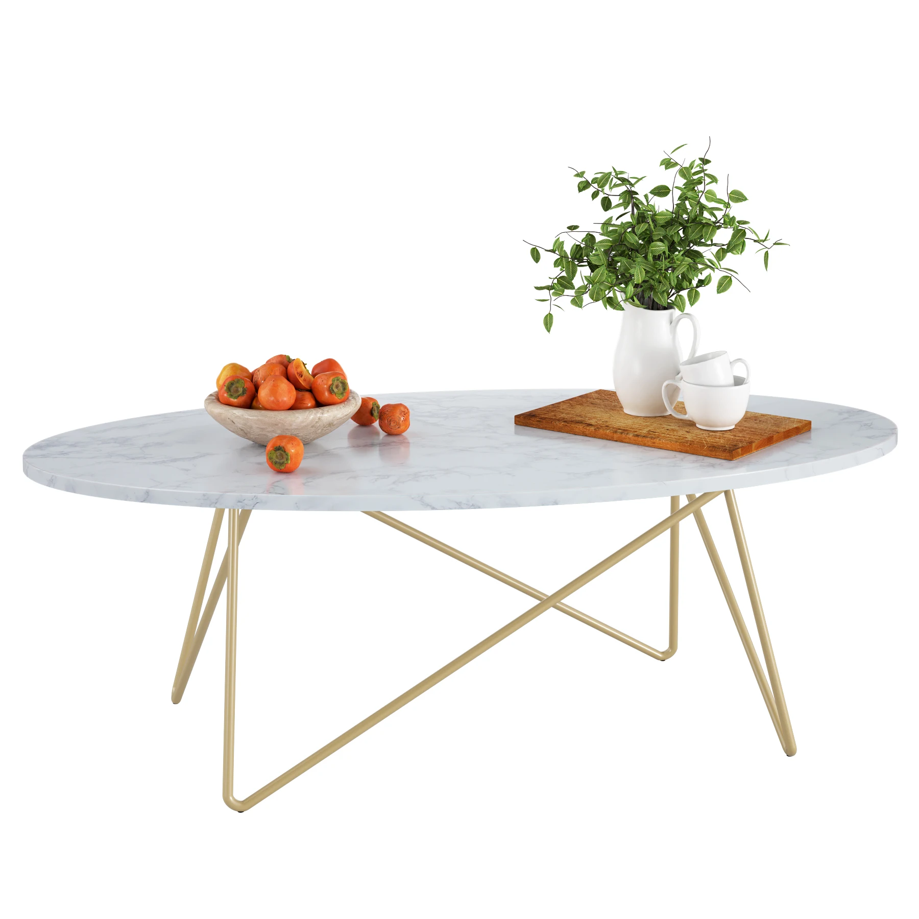 Getone Table Basse, Table de Salon Effet Marbré, Ovale Table Canapé en Bois et Métal, Table d