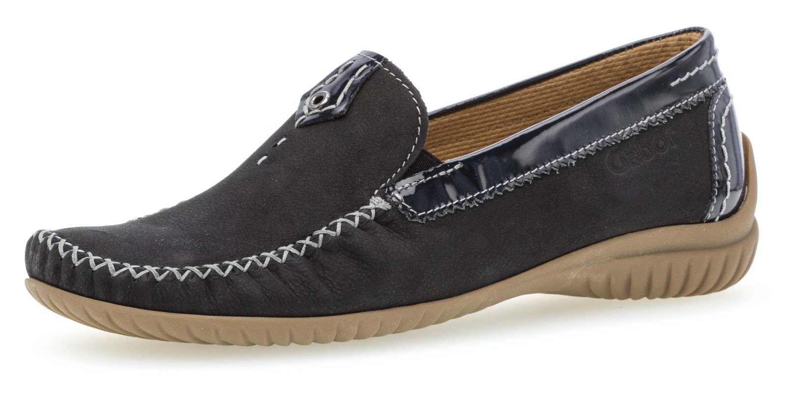 Mokassin GABOR "FLORENZ", Damen, Gr. 36, blau (nachtblau), Lackleder, Nubukleder, Schuhe Mokassin, Slipper, Schlupfschuh mit Gummizug, Weite G (=weit)