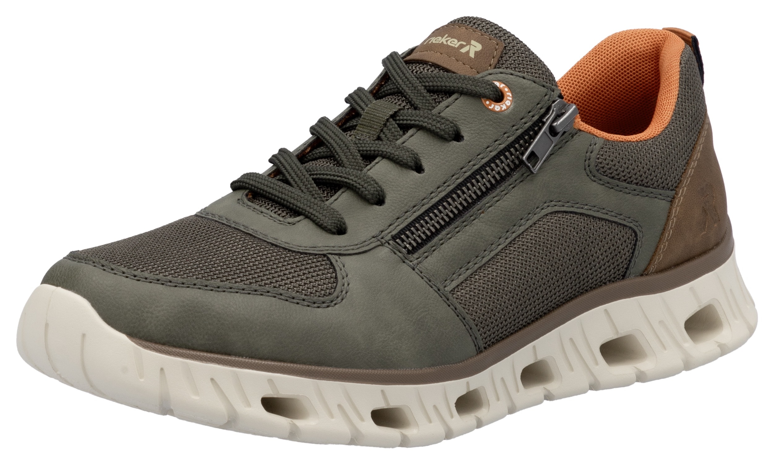Sneaker RIEKER SPORT, Herren, Gr. 45, grün (oliv, braun), Lederimitat, Textil, Schuhe Sneaker, Schnürschuh, Freizeitschuh, Halbschuh mit Reißverschluss