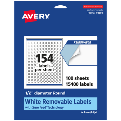 Avery Removable Labels With Sure Feed 94503-Rmp100, Round, 1/2
