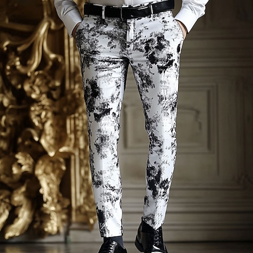 Herren Batik Anzughosen Hose Hosen Mittlere Taillenlinie Business-Casual Outdoor Urlaub Strassenmode Mit Taschen Schmaler Schnitt Flache Front Sommer Frühling 3D-Druck Weiß Image
