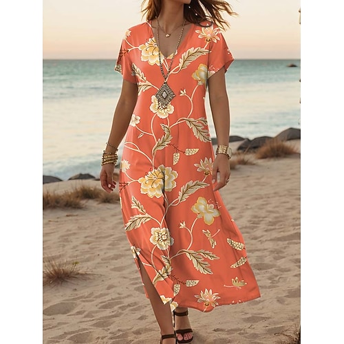 Damen Maxikleid Freizeitkleid A Linie Kleid Stilvoll Lässig Urlaub Täglich Normale Passform Blumen Kurzarm V Ausschnitt Rote Blau Orange Grün Sommer Frühling Image