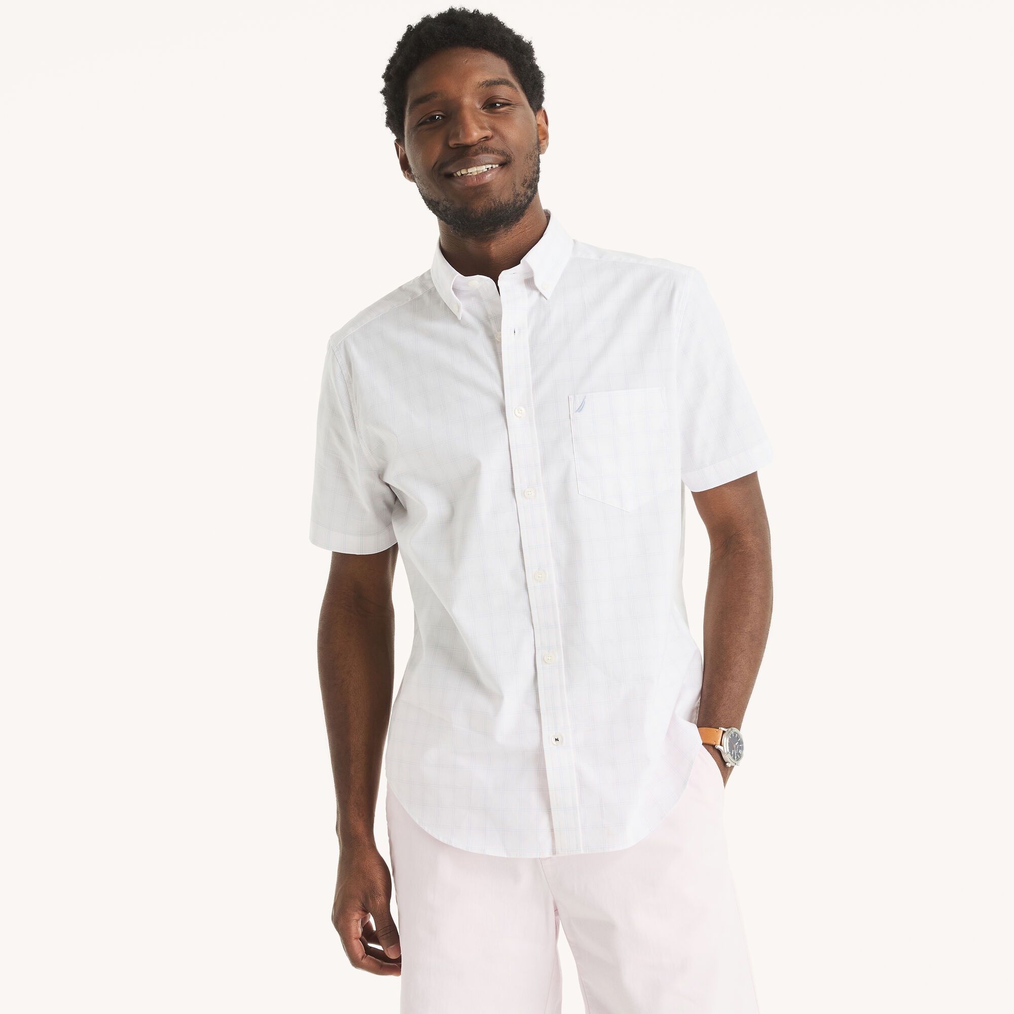 Nautica Men's Classic Fit Wrinkle-Resistant Plaid Short-Sleeve Shirt 101 (Bright White), XXL