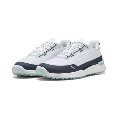 Golfschuh PUMA "IGNITE Elevate X Golfschuhe Herren", Gr. 43, weiß deep navy modern mint blau grün, Obermaterial: Textil,