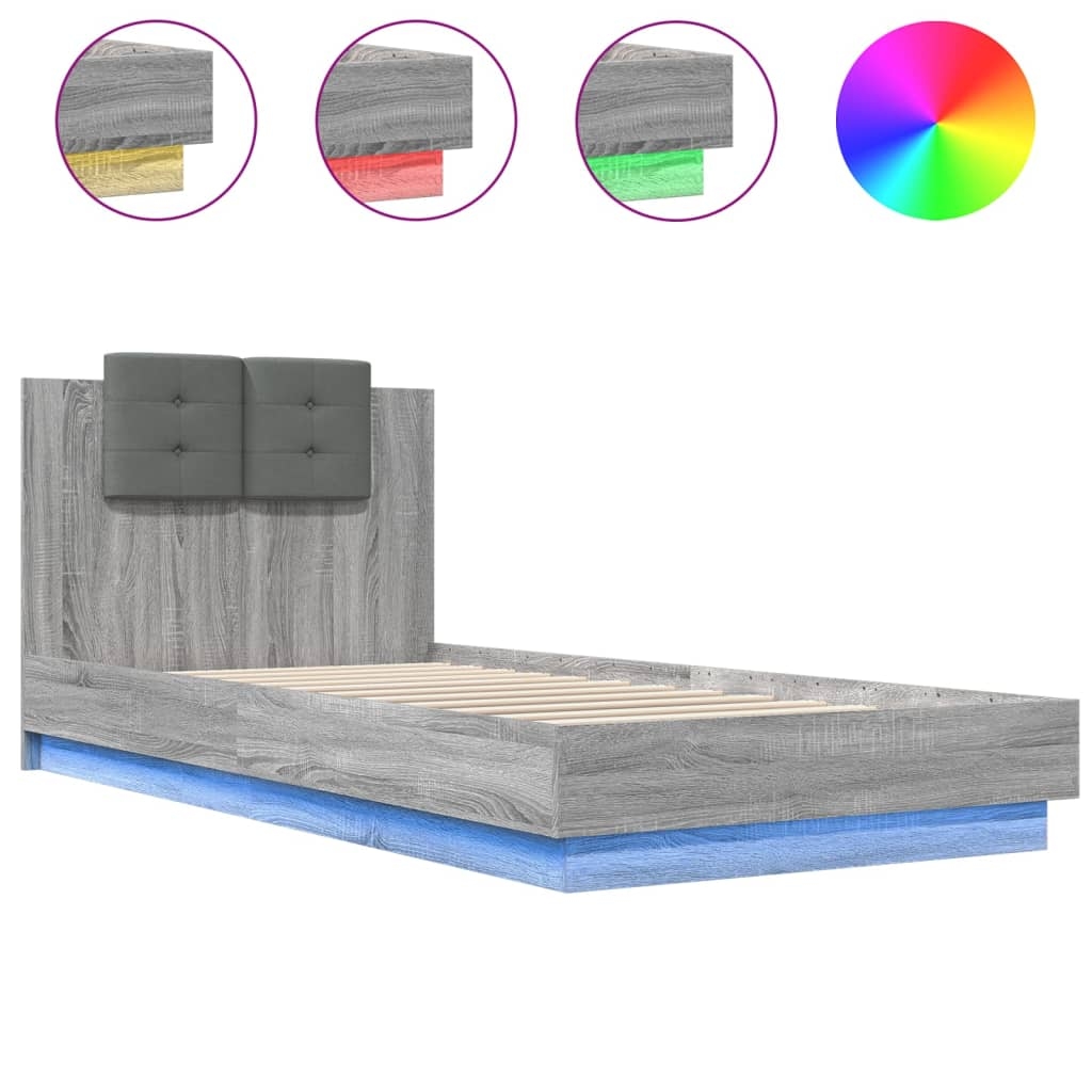 vidaXL Bettgestell mit Kopfteil und LED-Leuchten Grau Sonoma 100x200cm Image