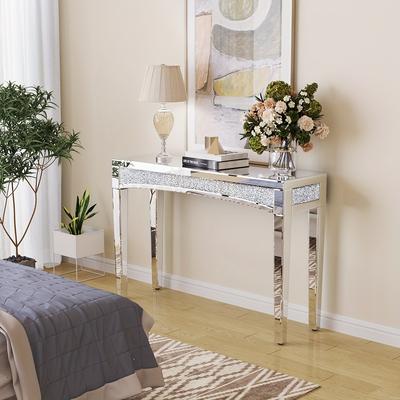 TEMU Diamond Mirrored Console Table: 120x35x80.5cm Modern Entrance Table Luxury Elegant Crushed Cristal Entryway Tables Bedroom Vanity Table Sofa Side Tables For Foyer Offices Decor Image