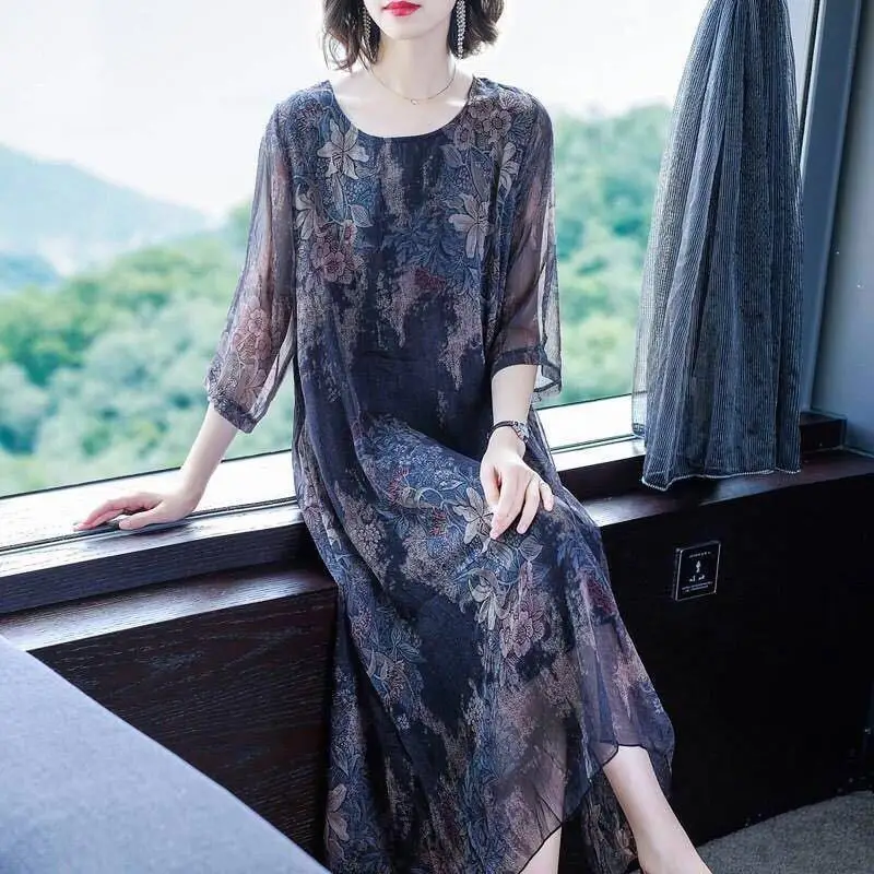 Elegante Vintage Frauen Blumen Chiffon Kleid Sommer halbe Ärmel lose große Größe y2k weibliche Kleidung neue koreanische Mode Midi Robe