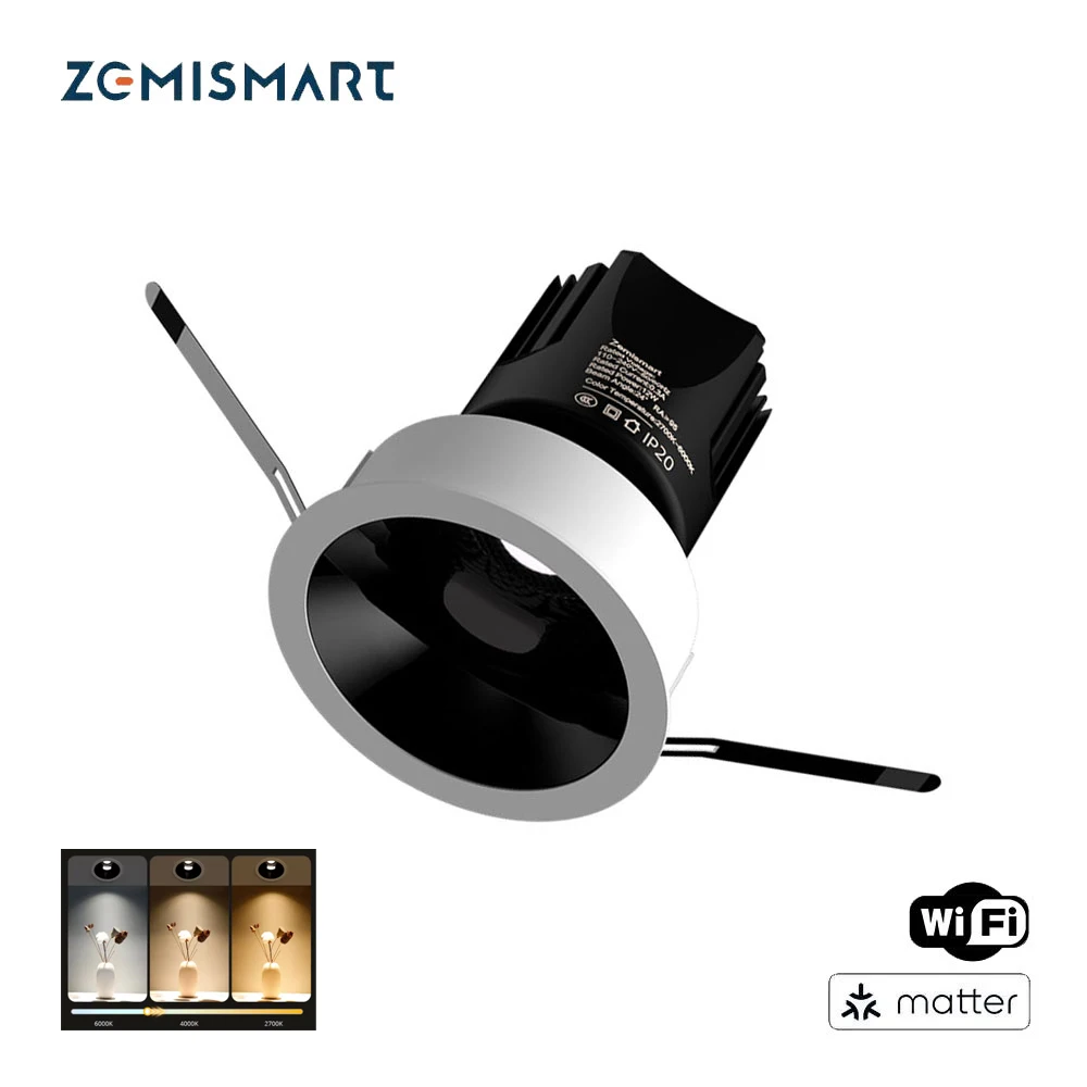 Zemismart Matter WiFi-LED-Strahler, 12 W, blendfrei, dimmbar, Deckenleuchte, rund, Einbauwinkel, verstellbar, Alexa, Google Home App