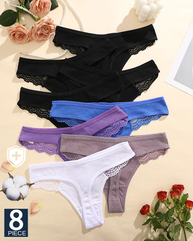 FINETOO 8 Stück Damen-Baumwollunterwäsche, Spitzen-Tangas, sexy einfarbig, niedrige Taille, Bikini-Höschen, Damen, atmungsaktiv, G-String, Dessous Image