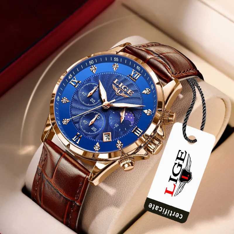 LIGE Neue Mode Mann Uhr Luxus Lederband Sport Quarz Uhren Männer Wasserdichte Mond Phase Datum Herren Uhr Chronograph Uhr