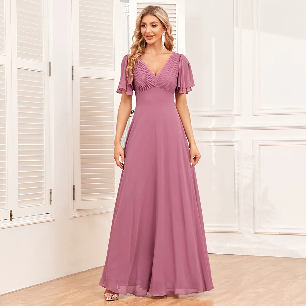 Elegante abito in chiffon lucido a maniche corte con doppio scollo a V Abito da donna a trapezio completamente foderato Best-seller 2025 Nuovo