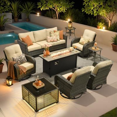 OVIOS 9-piece Patio Swivel Chair Set with 54" Fire Table